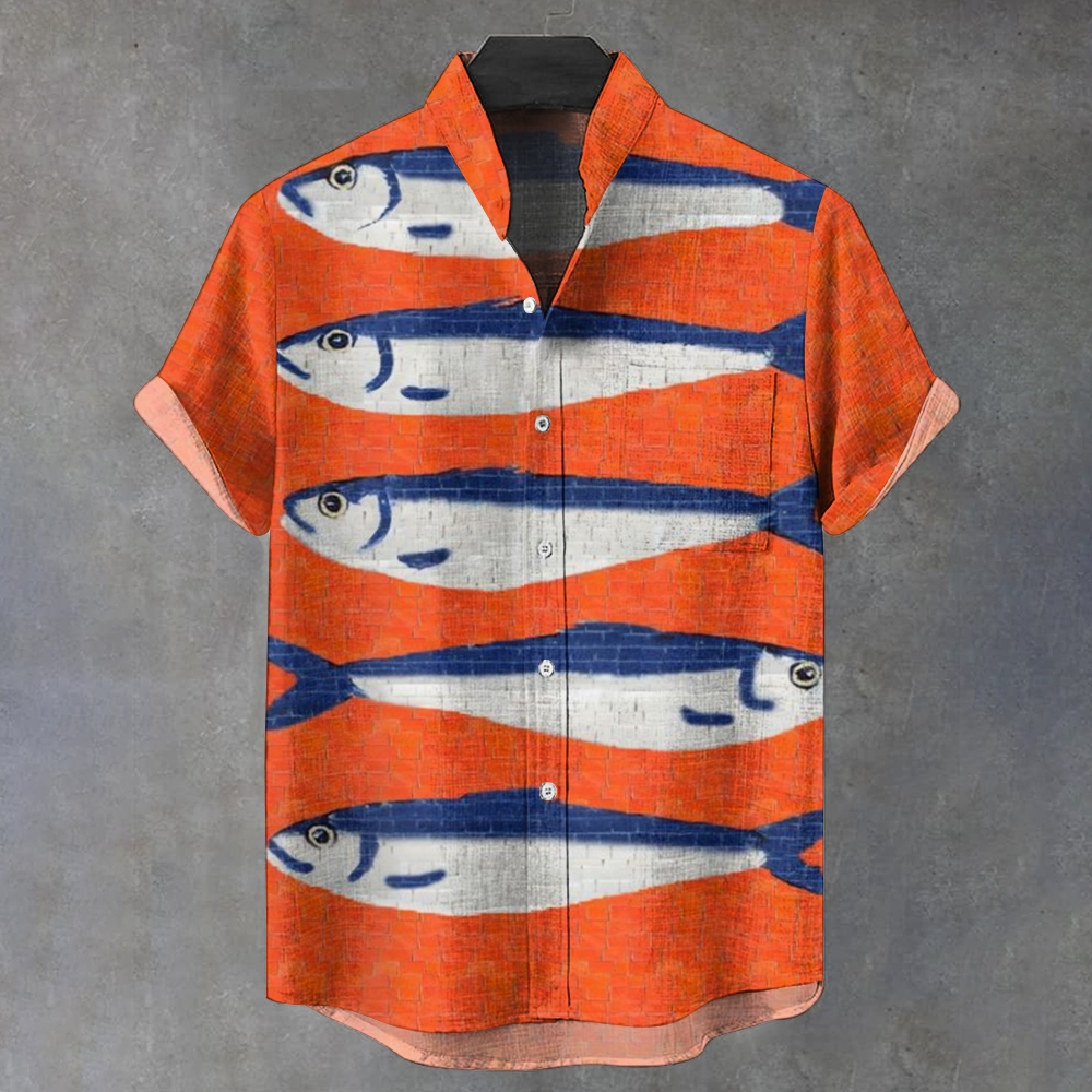 Men's Stand Collar Art Fish Printed Short Sleeve Shirt