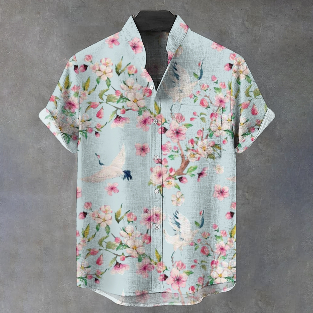 Men's Stand Collar Peach Blossom Crane Vintage Printed Short Sleeve Shirt