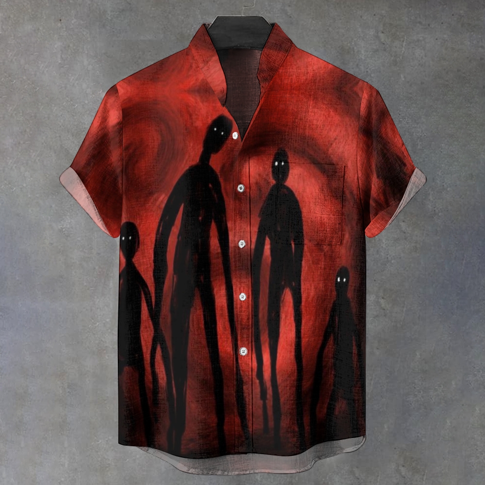 Men's Stand Collar Bloodstained Ghost Halloween Vintage Printed Short Sleeve Shirt