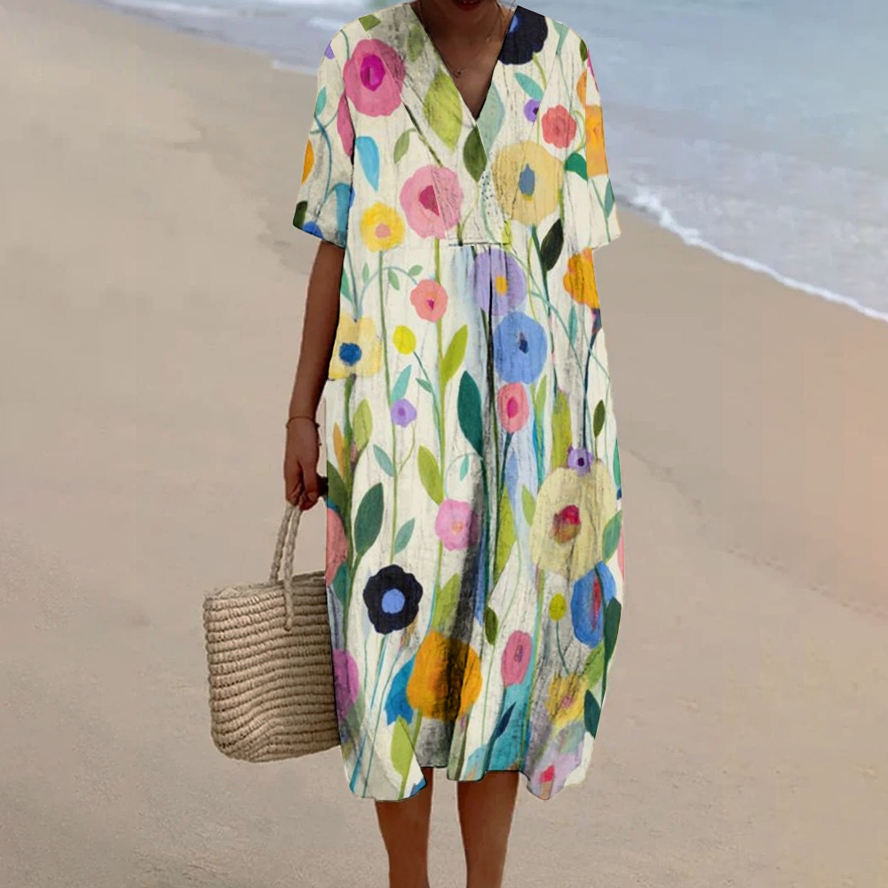 Women's Oil Painting Spring Field Art Print Flowy Linen Dress