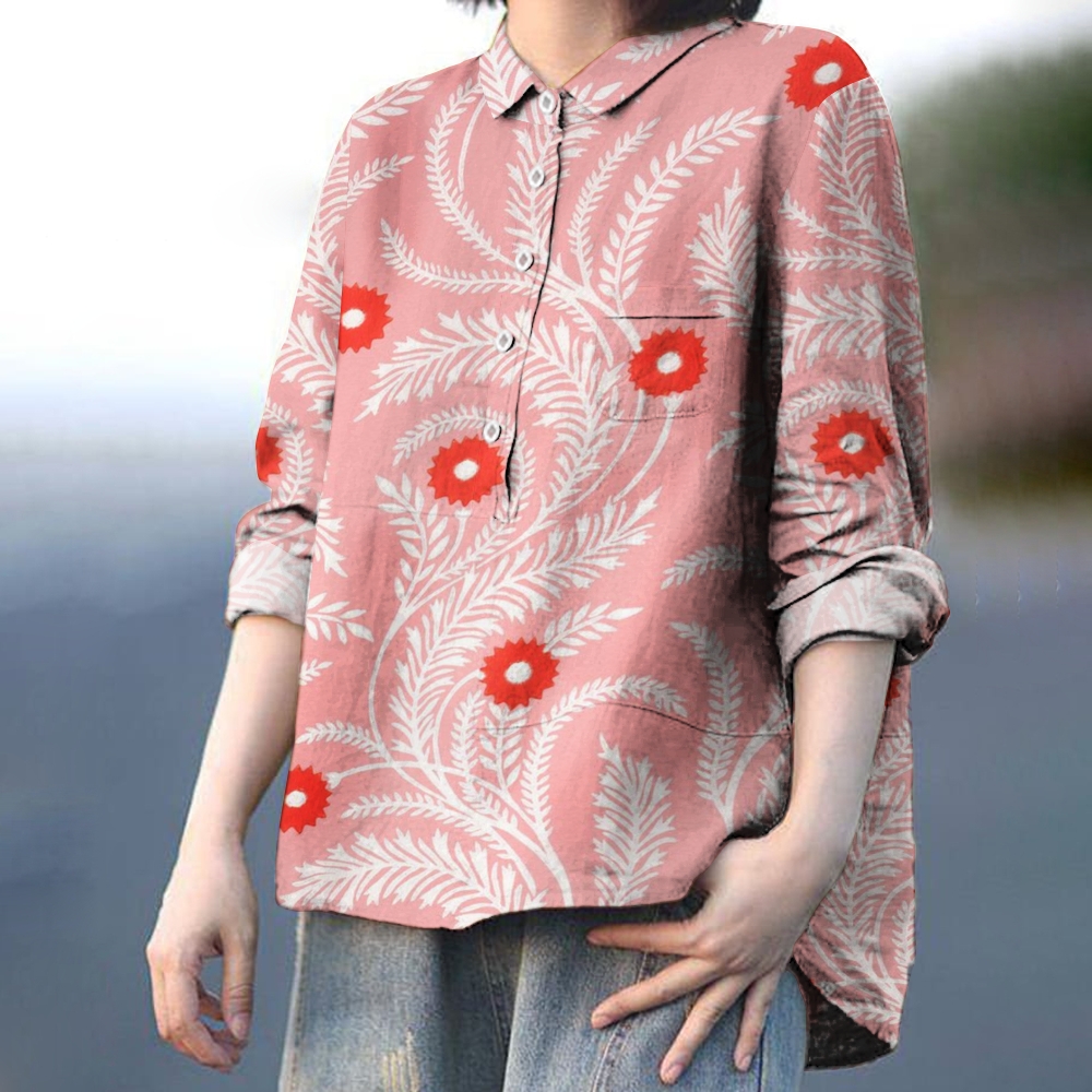 Women's Vintage Flowers Print Casual Cotton And Linen Shirt