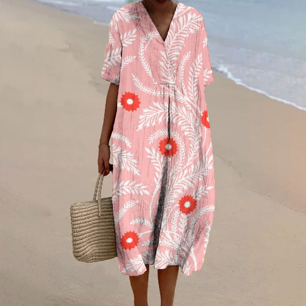 Women's Vintage Flowers Print Flowy Linen Dress