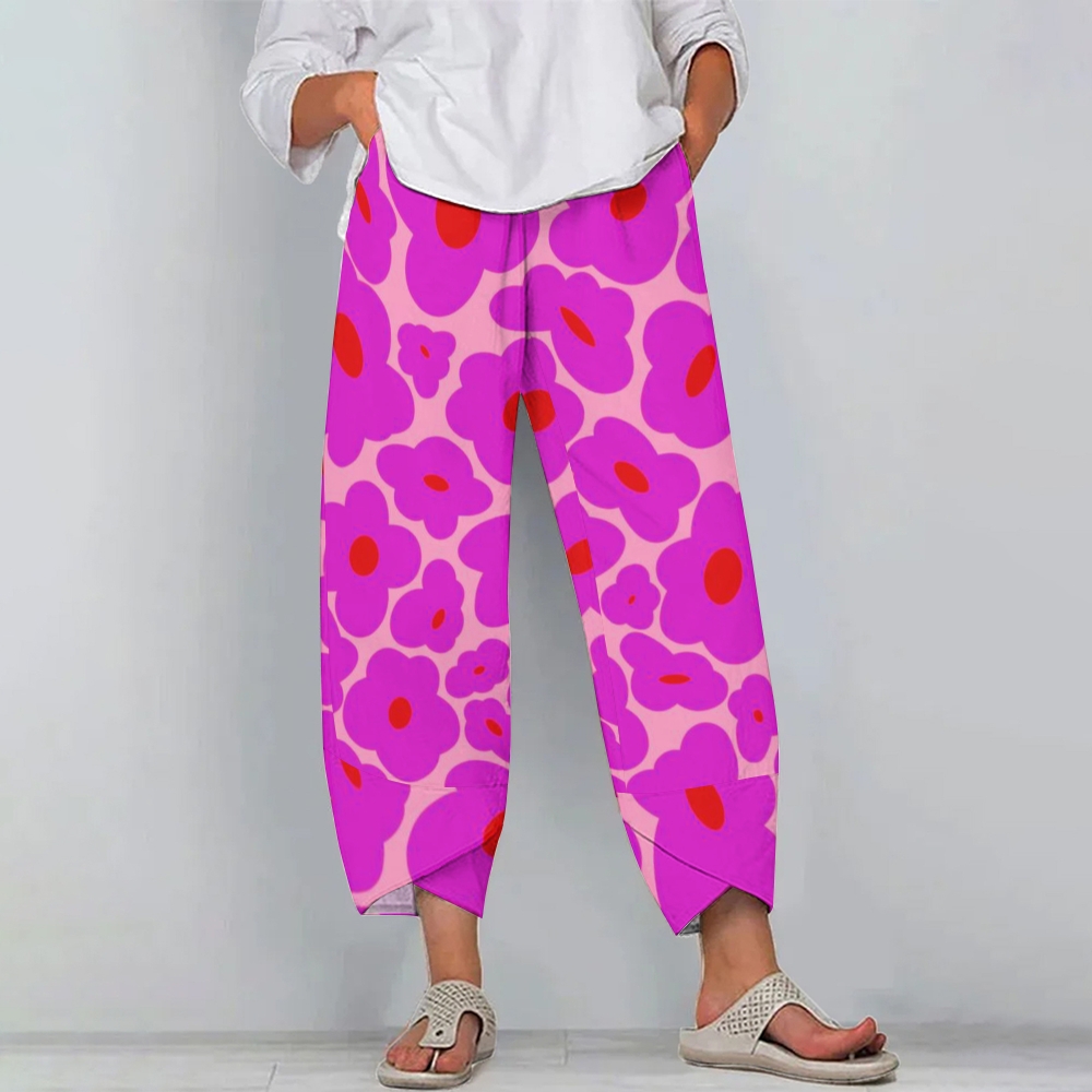 Women's Casual Vibrant Pink Floral Pattern Printed Cotton And Linen Pants