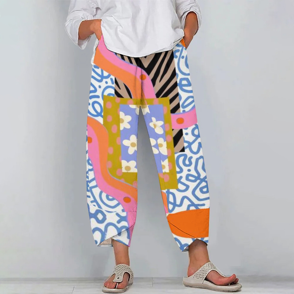 Women's Casual Abstract Geometric Daisy Print Cotton And Linen Pants