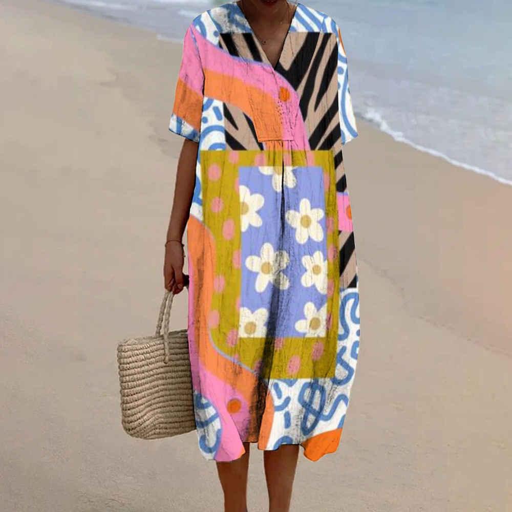 Women's Abstract Geometric Daisy Print Flowy Linen Dress
