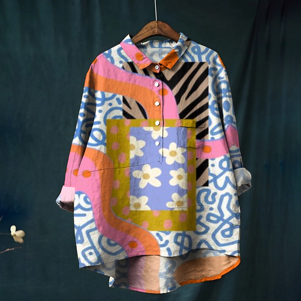 Women's Abstract Geometric Daisy Print Casual Cotton And Linen Shirt