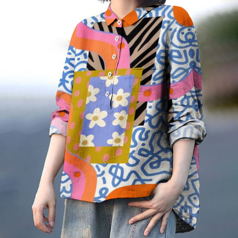 Women's Abstract Geometric Daisy Print Casual Cotton And Linen Shirt