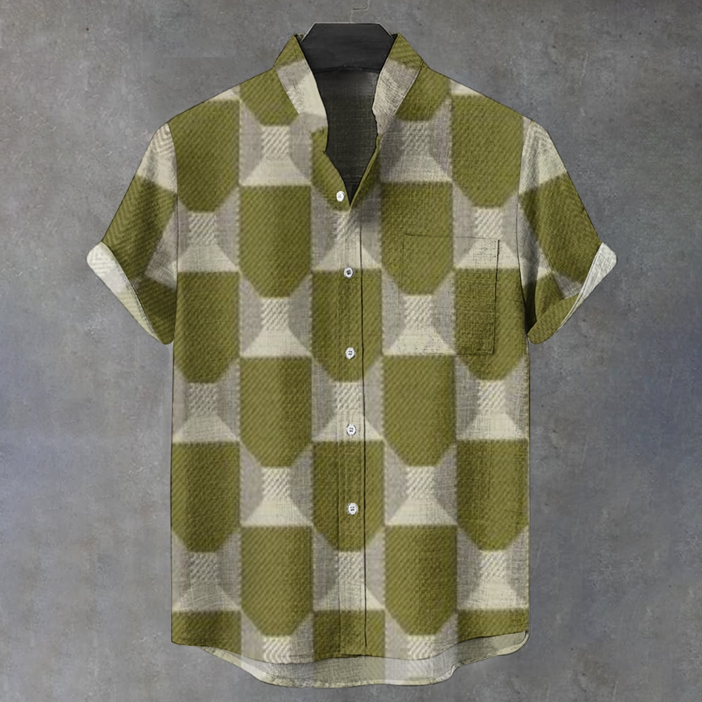 Men's Stand Collar Abstract Geometric Printed Short Sleeve Shirt