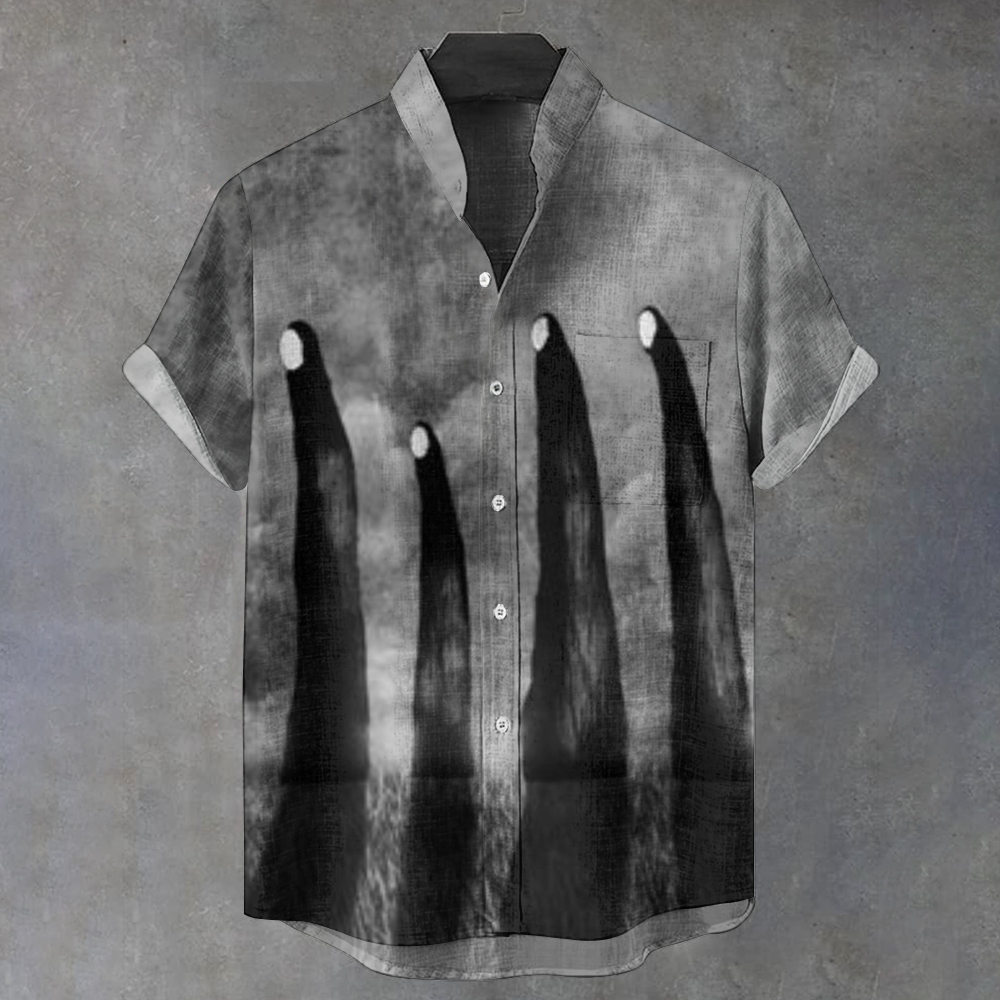 Men's Ghost Halloween Vintage Stand Collar Printed Short Sleeve Shirt