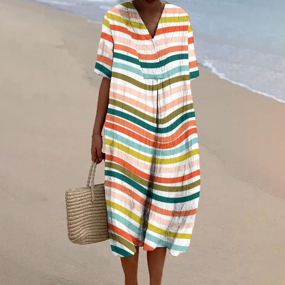 Women's Colorblock Stripe Print Flowy Linen Dress