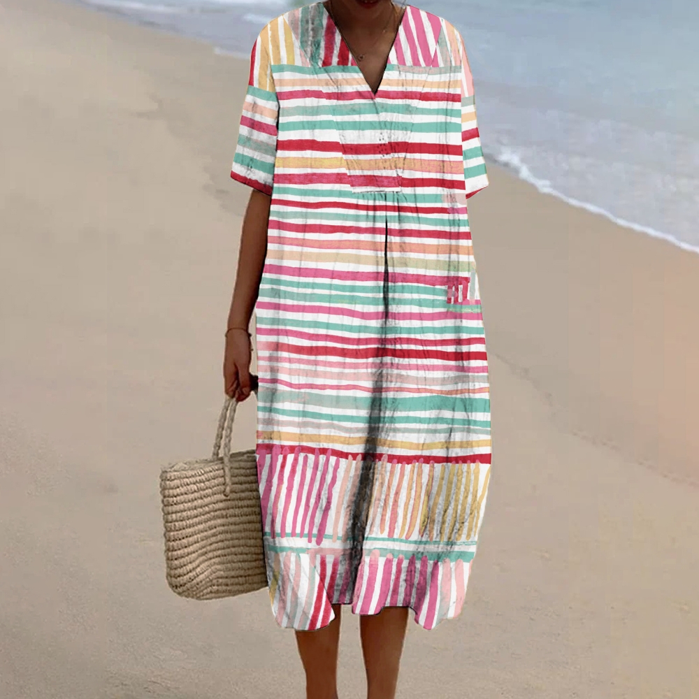 Women's Colorblock Stripe Print Flowy Linen Dress