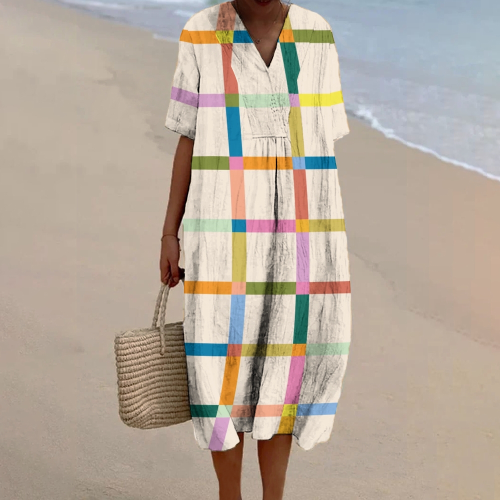Women's Colorblock plaid Print Flowy Linen Dress