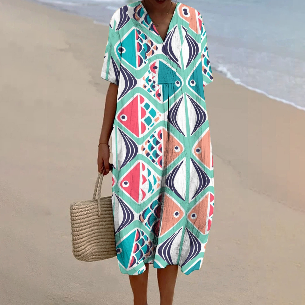 Women's Colorblock Fish Print Flowy Linen Dress