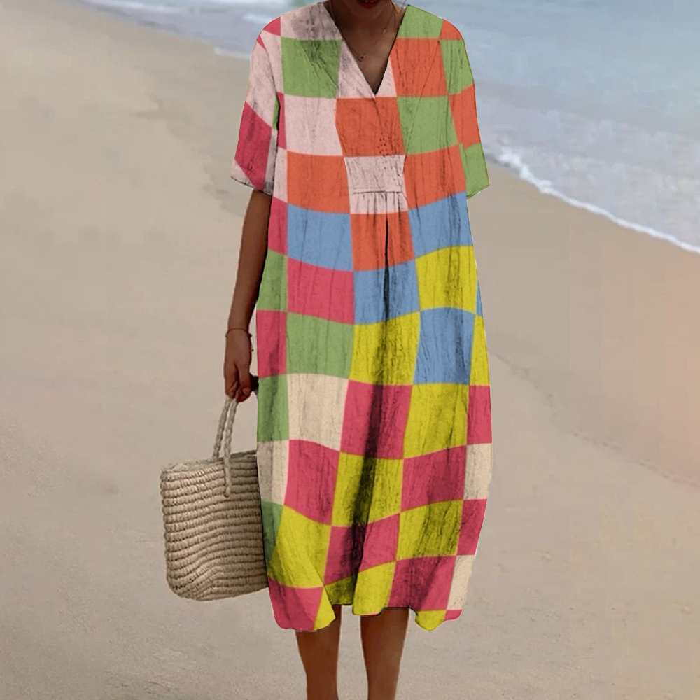 Women's Colorblock Plaid Print Flowy Linen Dress