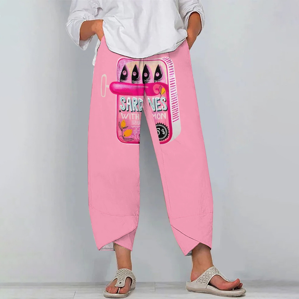 Women's Casual Canned Sardines Printed Cotton And Linen Pants