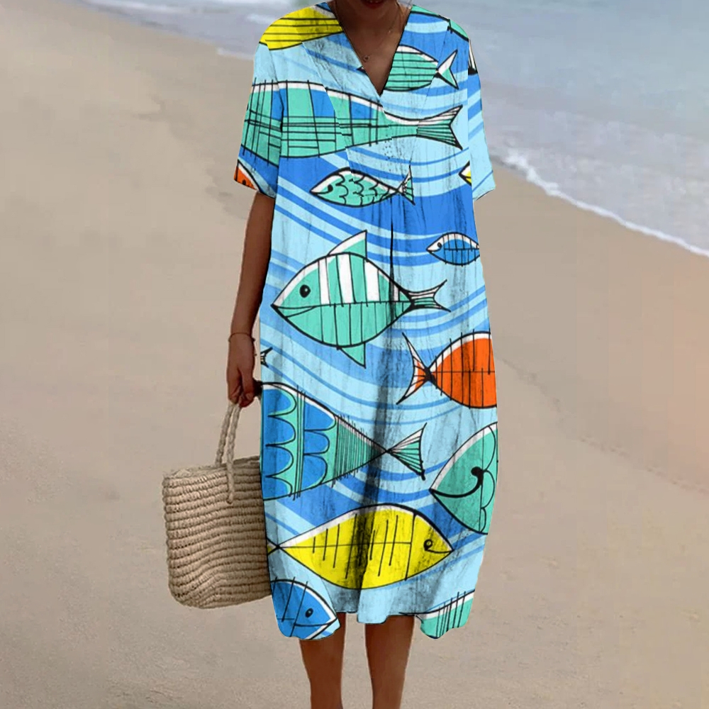 Women's Cartoon Fish Print Flowy Linen Dress