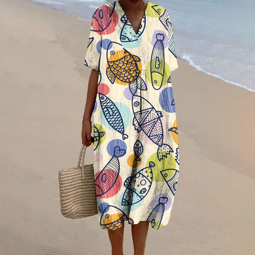 Women's Colorful Fish Print Flowy Linen Dress