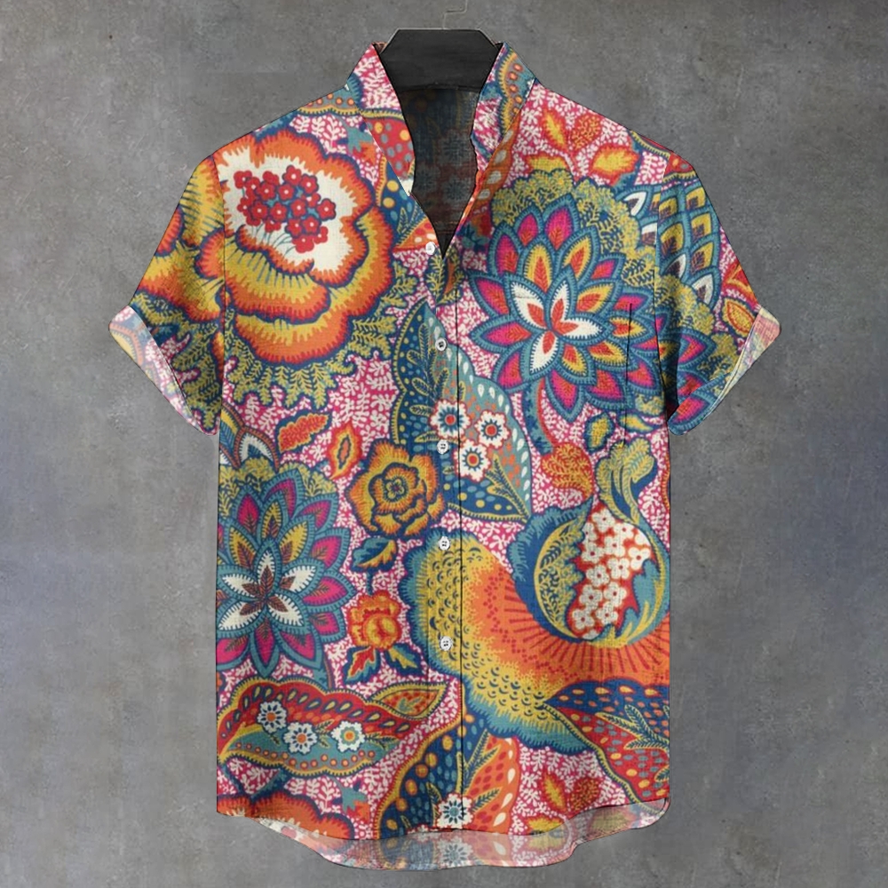Men's Stand Collar Retro Printed Short Sleeve Shirt