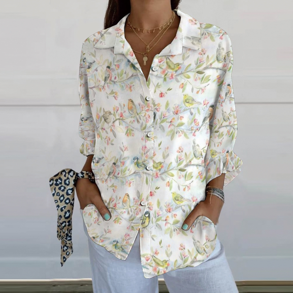 Women's Birds Flower Print Casual Linen V-neck Shirt