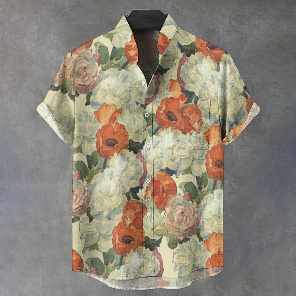 Men's Stand Collar Vintage Printed Short Sleeve Shirt