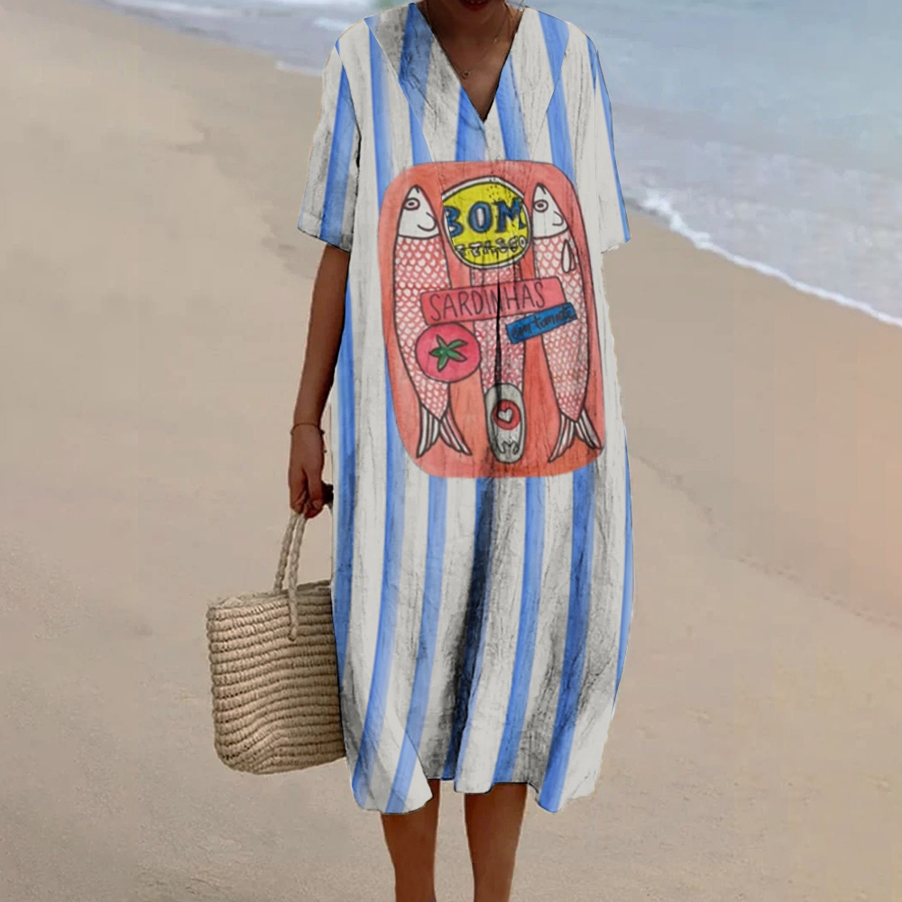 Women's Sardines Print Flowy Linen Dress