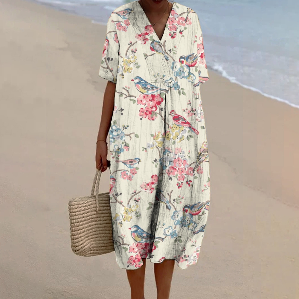 Women's Vintage Flowers And Birds Print Flowy Linen Dress