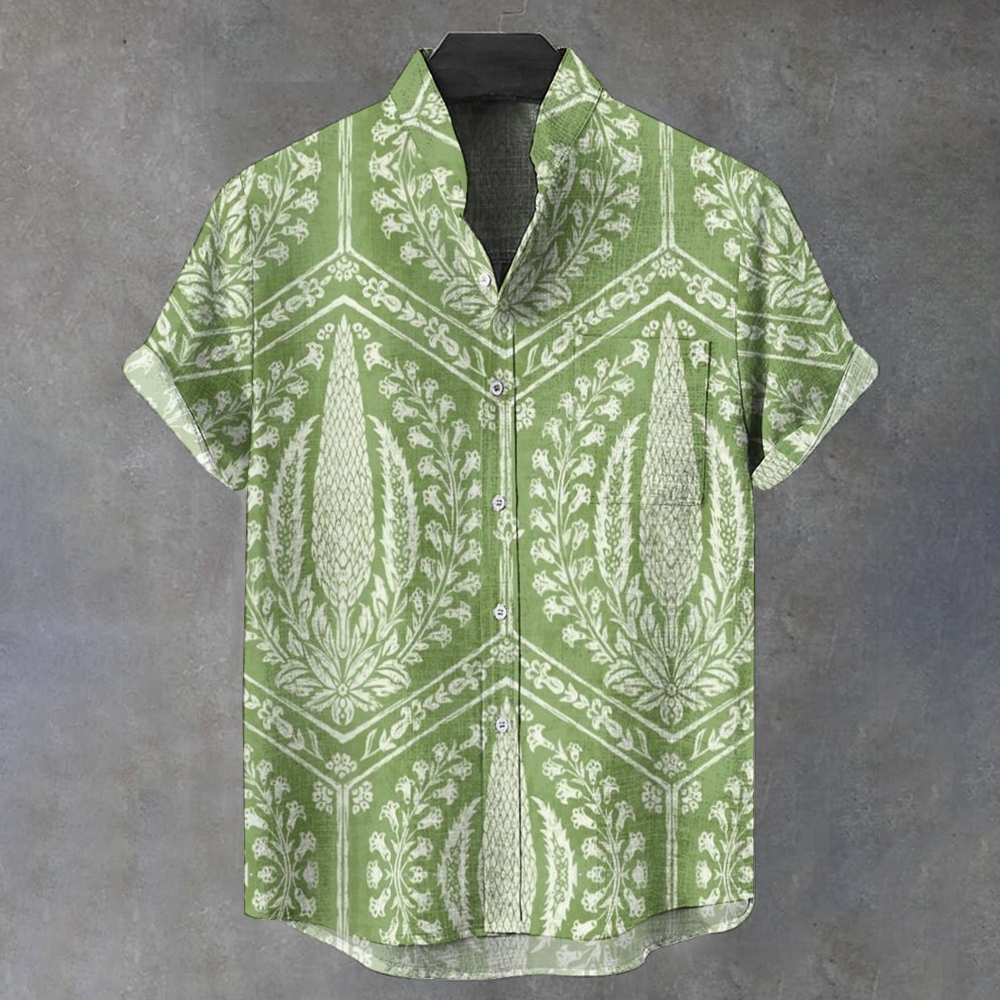 Men's Stand Collar Vintage Graphic Printed Short Sleeve Shirt