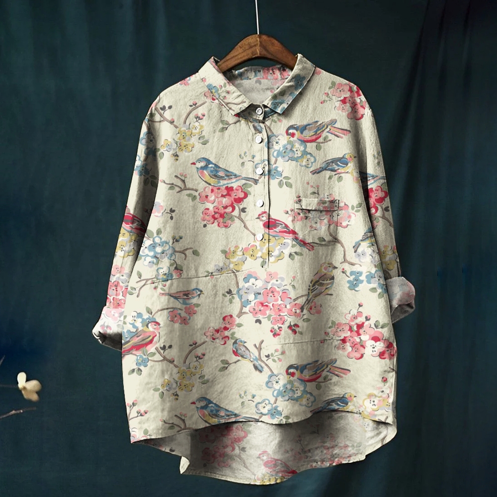 Women's Vintage Flowers And Birds Print Casual Cotton And Linen Shirt