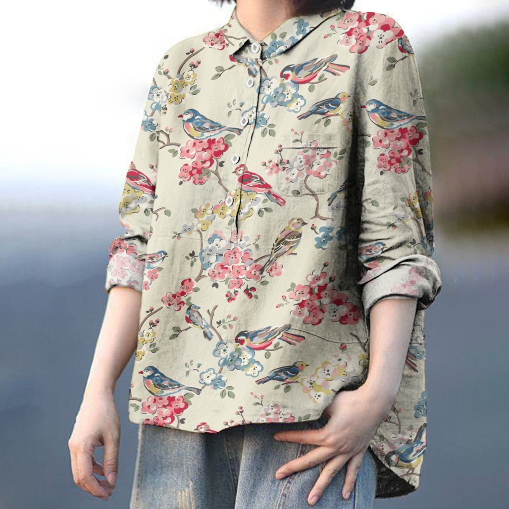 Women's Vintage Flowers And Birds Print Casual Cotton And Linen Shirt