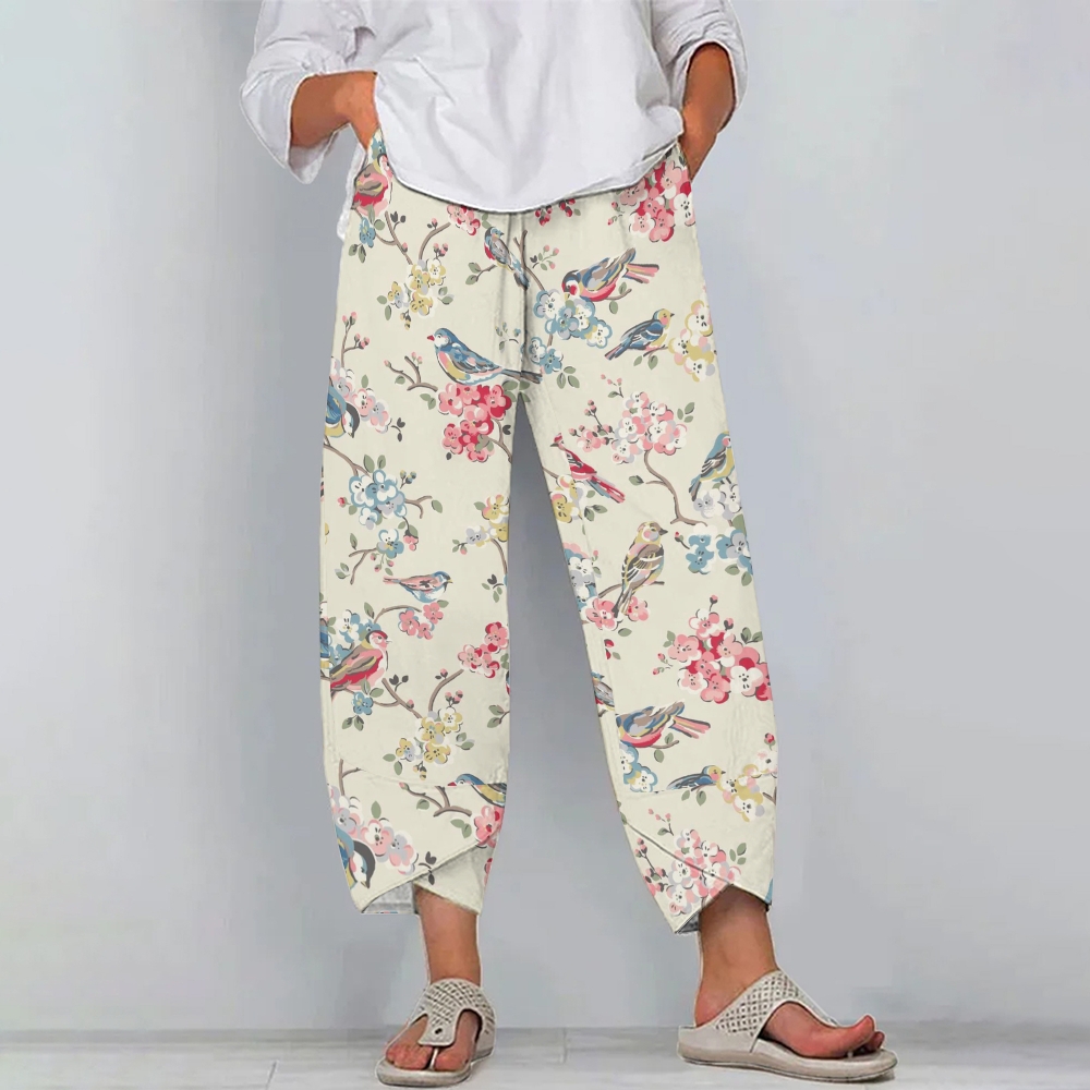 Women's Casual Vintage Flowers And Birds Printed Cotton And Linen Pants