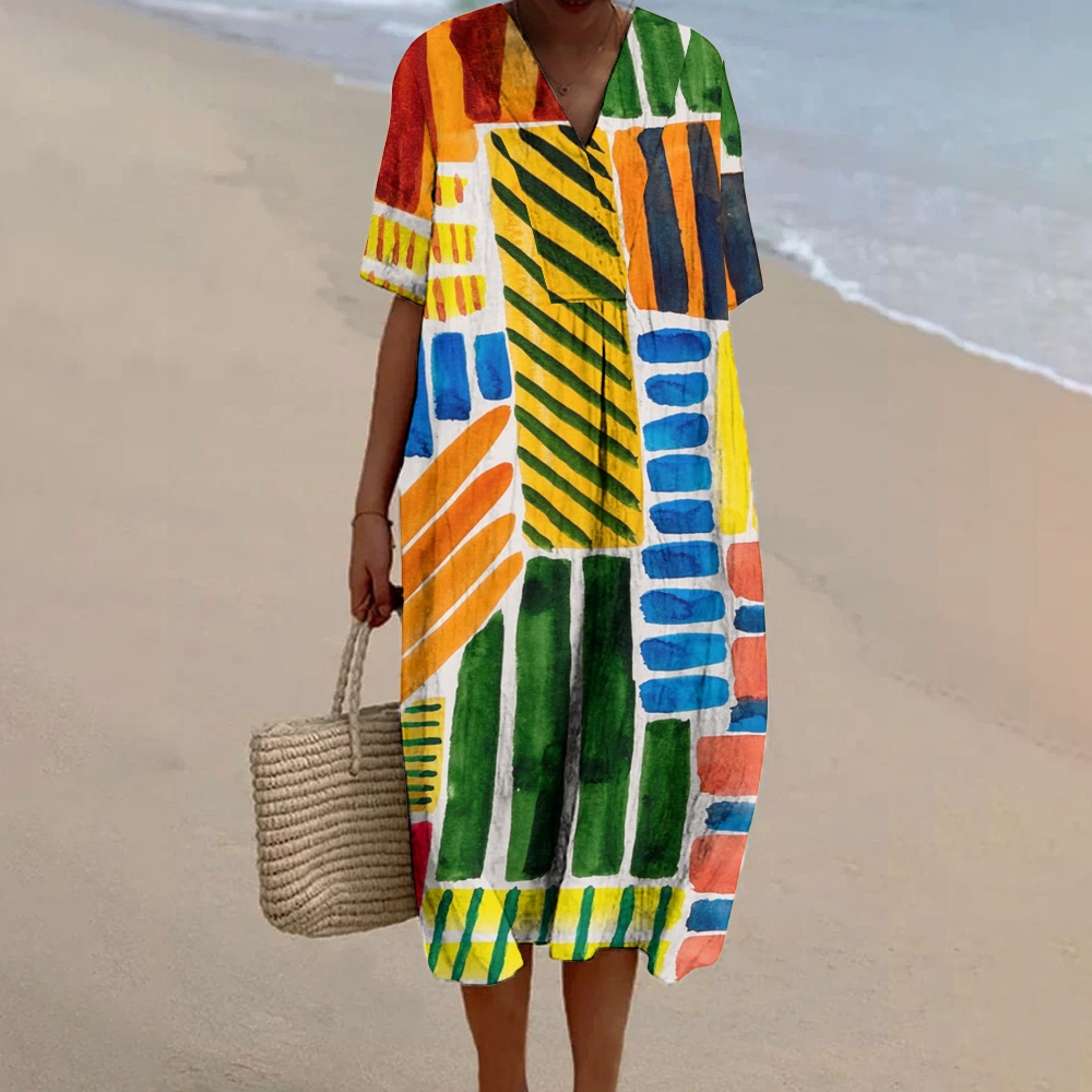 Women's Colorblock Print Flowy Linen Dress