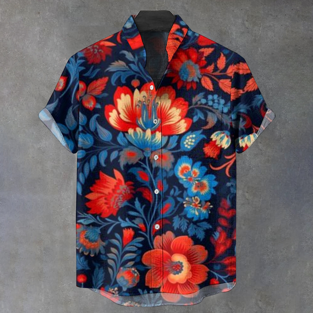 Men's Stand Collar Ethnic Red And Blue Flower Printed Short Sleeve Shirt