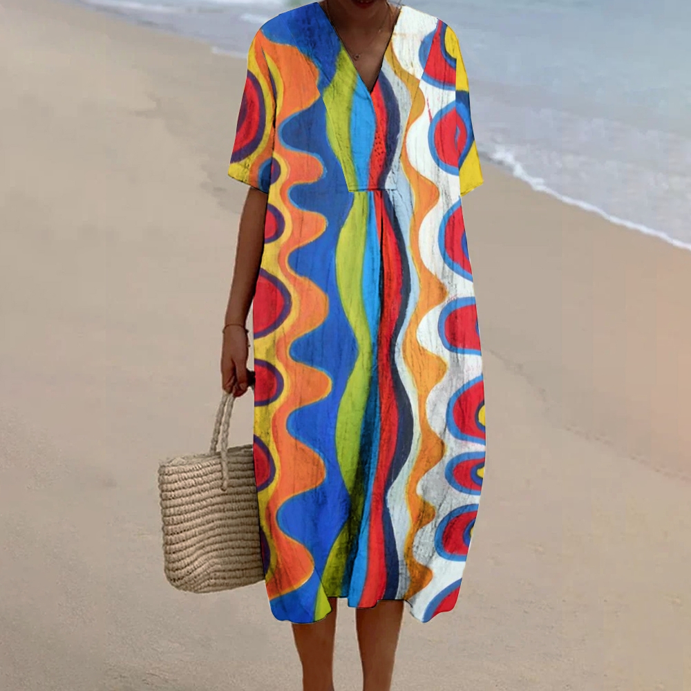 Women's Colorblock Art Print Flowy Linen Dress