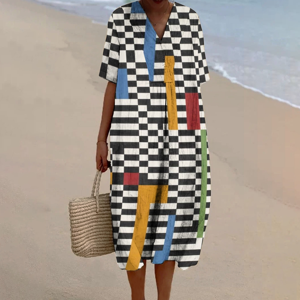 Women's Colorblock Stripe Print Flowy Linen Dress
