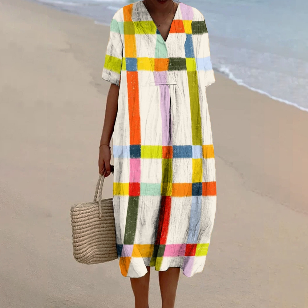 Women's Colorblock Stripe Plaid Print Flowy Linen Dress