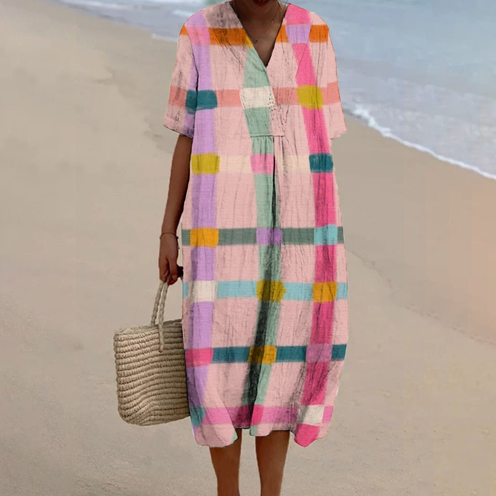 Women's Pink Plaid Print Flowy Linen Dress