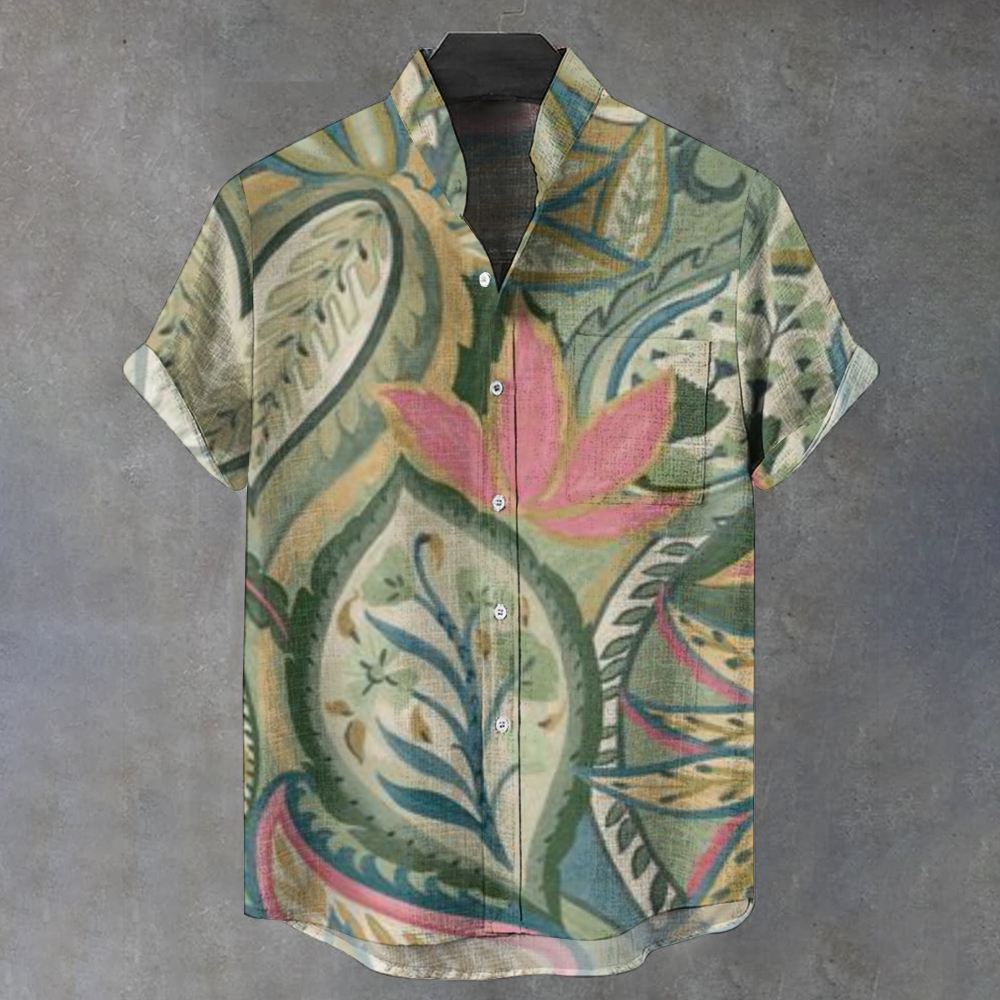 Men's Stand Collar Retro Printed Short Sleeve Shirt