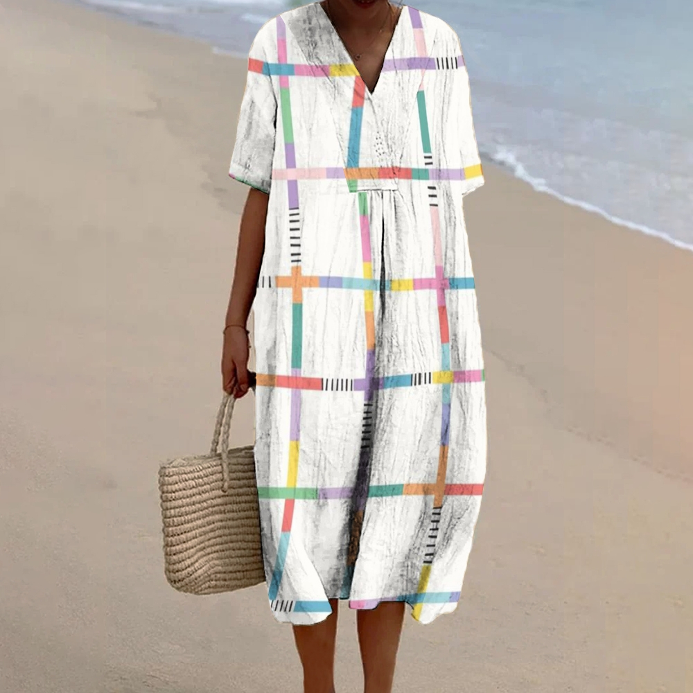 Women's Colorblock Print Flowy Linen Dress