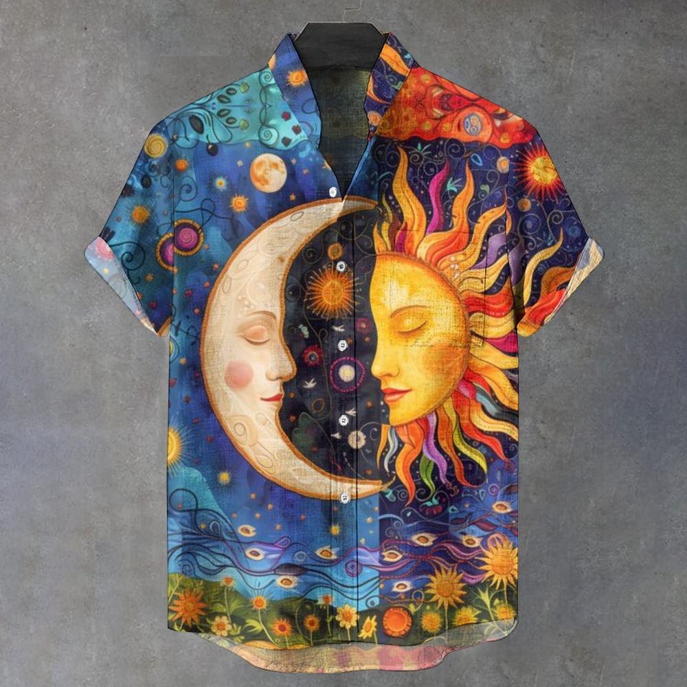Men's Stand Collar Sun Moon Abstract Printed Short Sleeve Shirt