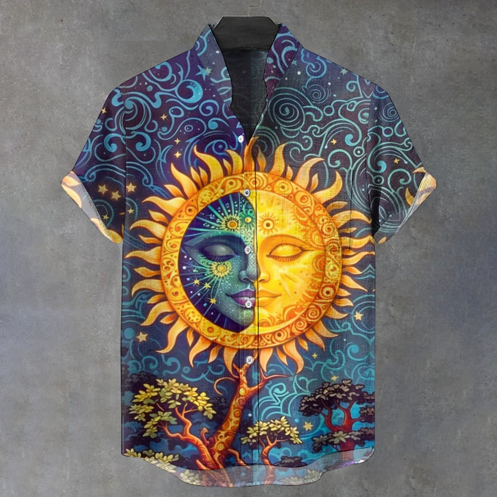Men's Stand Collar Sun Moon Abstract Printed Short Sleeve Shirt