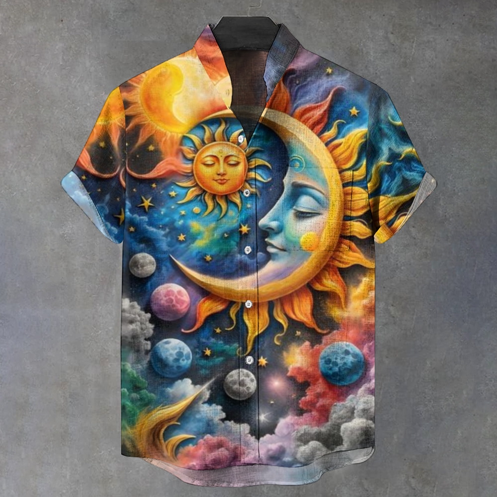 Men's Stand Collar Sun Moon Abstract Printed Short Sleeve Shirt