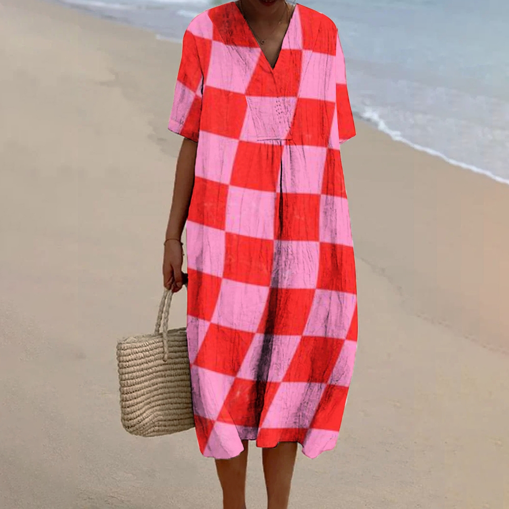 Women's Abstract Plaid Print Flowy Linen Dress
