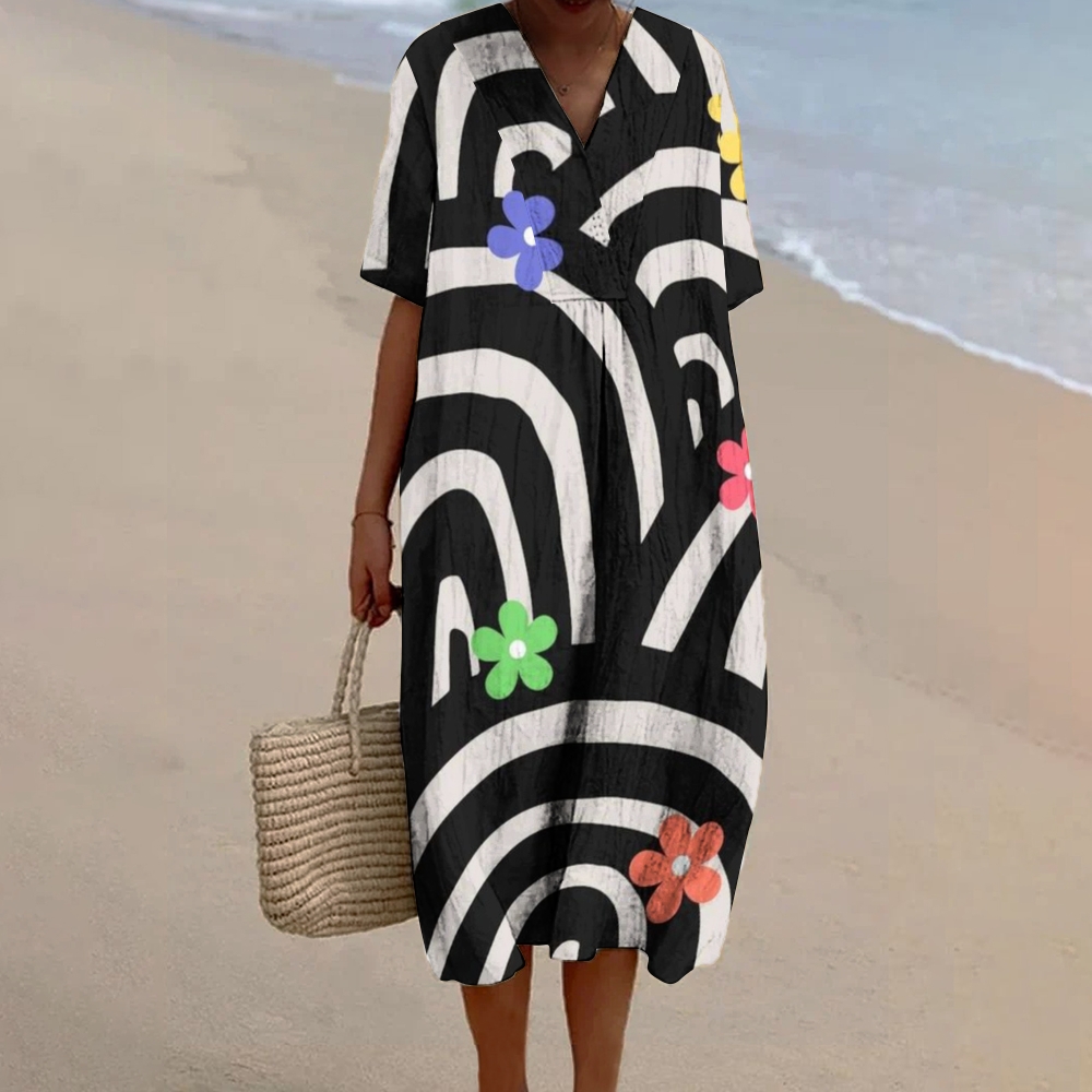 Women's Abstract Daisy Print Flowy Linen Dress
