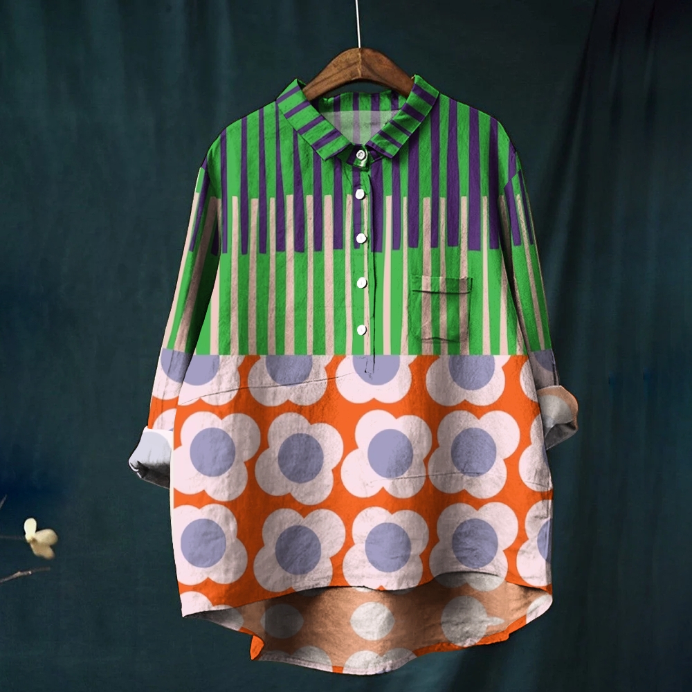 Women's Stripe Daisy Print Casual Cotton And Linen Shirt