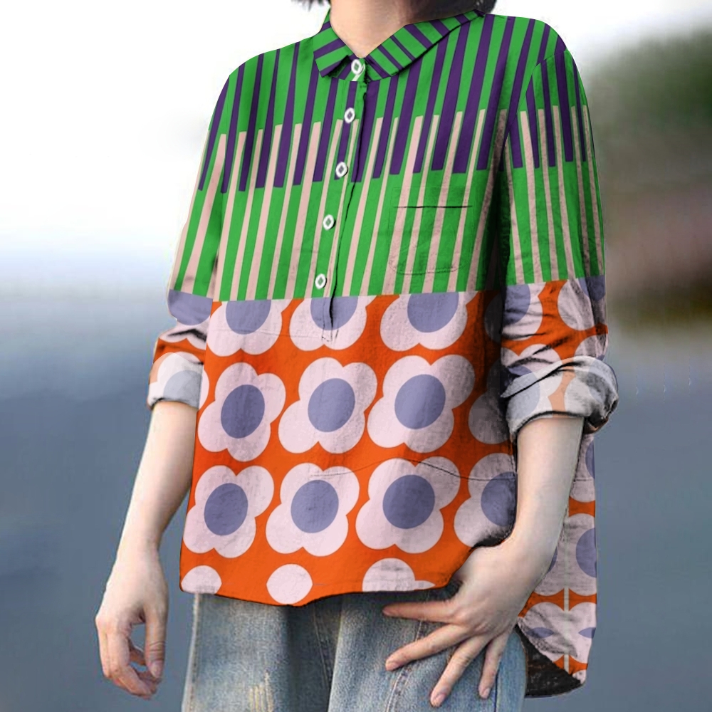 Women's Stripe Daisy Print Casual Cotton And Linen Shirt