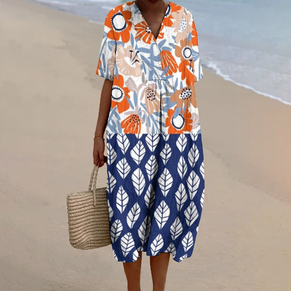 Women's Retro Print Flowy Linen Dress
