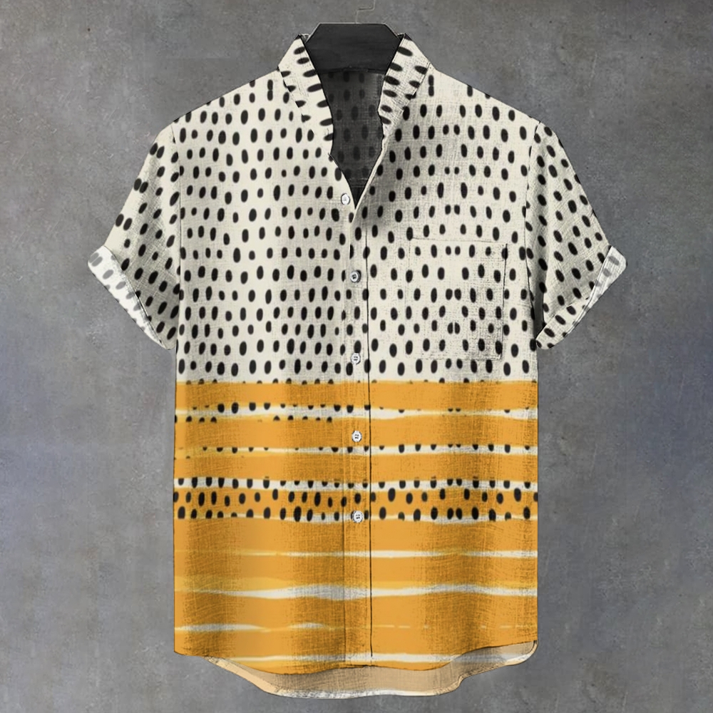 Men's Stand Collar Polka Dot Stripe Printed Short Sleeve Shirt