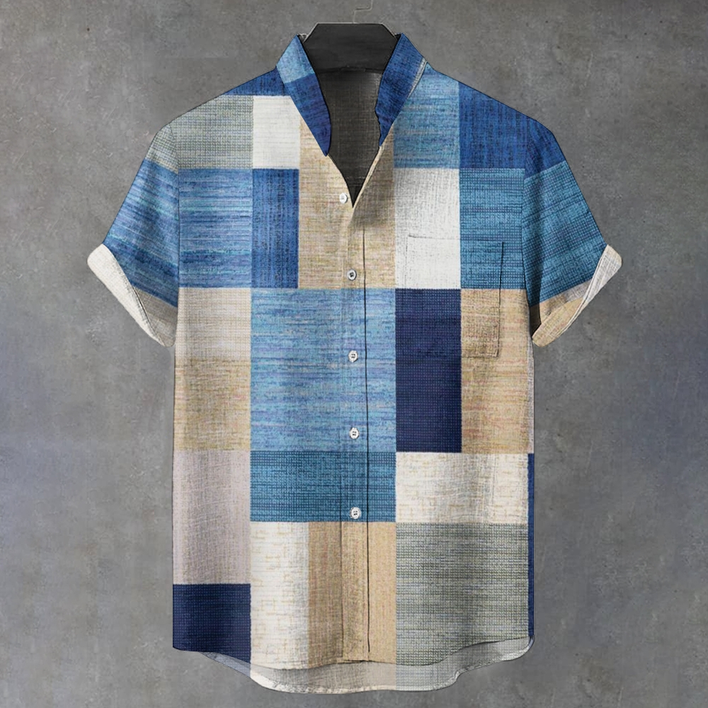 Men's Stand Collar Color Block Printed Short Sleeve Shirt