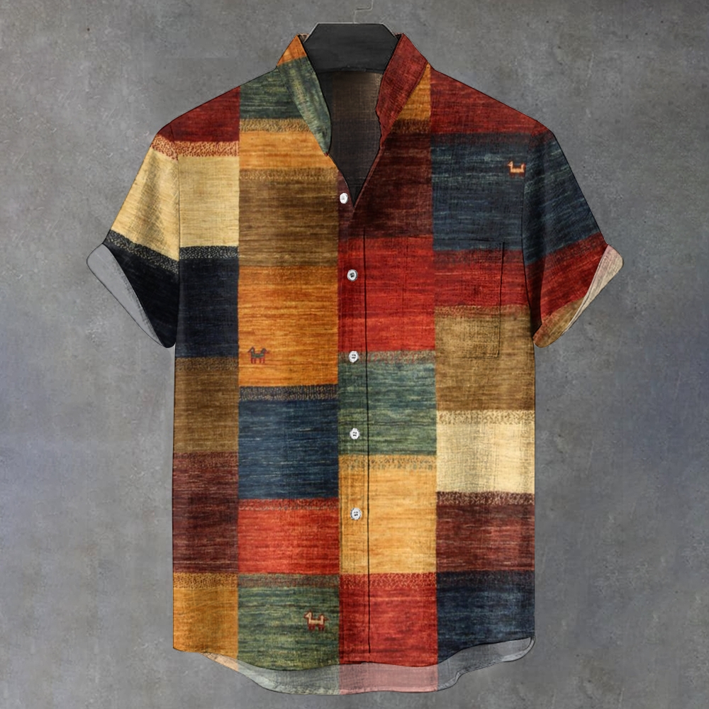 Men's Stand Collar Color Block Printed Short Sleeve Shirt