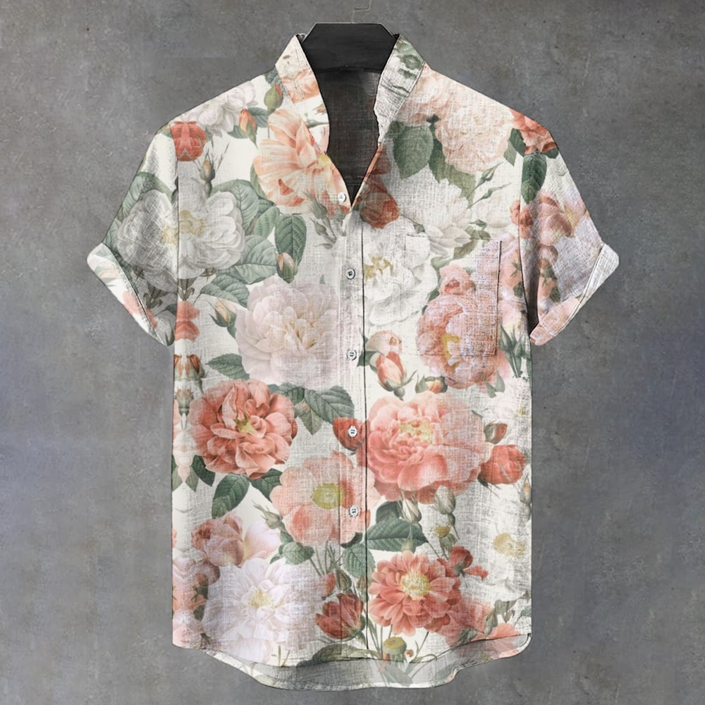 Men's Stand Collar Retro Printed Short Sleeve Shirt